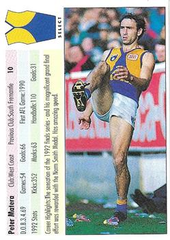 1993 Select AFL #10 Peter Matera Back